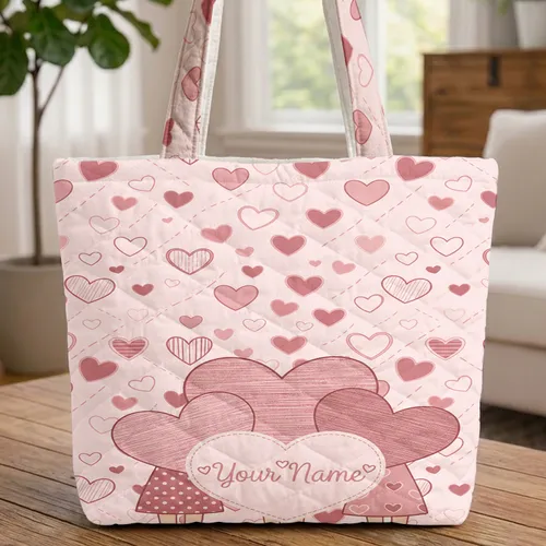 Scattered Ornate Hearts Personalized Name - Everyday Lifestyle Gift Quilted Tote Bag