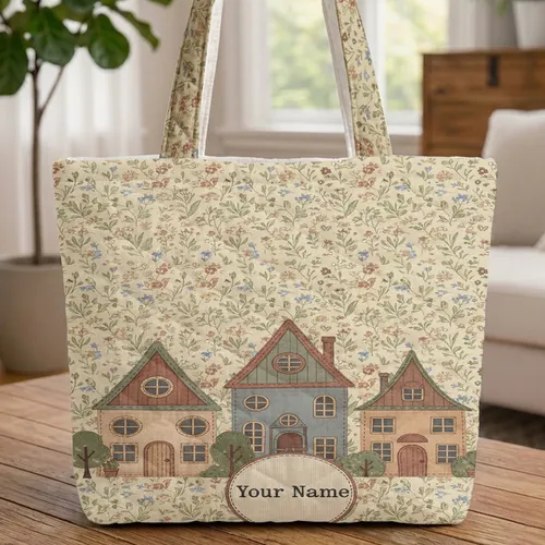 Tiny Wildflower Cottage Houses Cross-Stitch Frame - Farmhouse Home Decor Gift Quilted Tote Bag