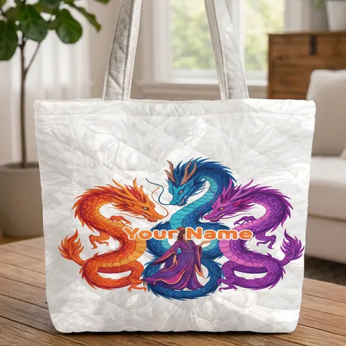 Intricate Layered Scale Dragons Your Name Personalized - Mythical Dragon Creature Lover Gift Quilted Tote Bag