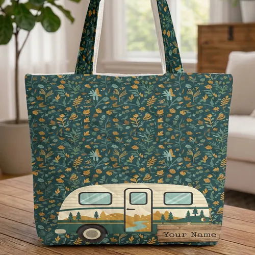 Personalized Camper Van Forest Foliage - Travel Essentials Quilted Tote Bag