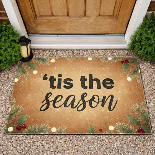 'Tis the Season' Pine Holly Berries Winter Holiday Decor Doormat