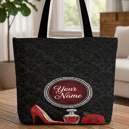 Stiletto Shoe Perfume Bottle Rose Damask - Fashion Lifestyle Everyday Essentials Quilted Tote Bag