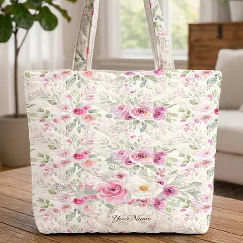 Rose Blossom Bouquet Floral Wreath Personalized Name - Thoughtful Gift Quilted Tote Bag