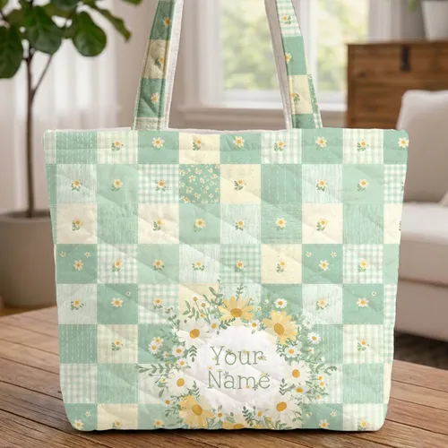 Storybook Floral Wreath Name Quilt Patchwork Daisies Wildflowers - Everyday Carryall Quilted Tote Bag