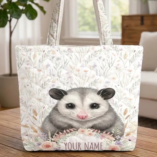North American Opossum Wildflower Floral Botanical - Outdoor Wildlife Lover Gift Quilted Tote Bag