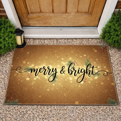 Merry & Bright Script Pine Berry Lights - Christmas Holiday Gift Doormat
