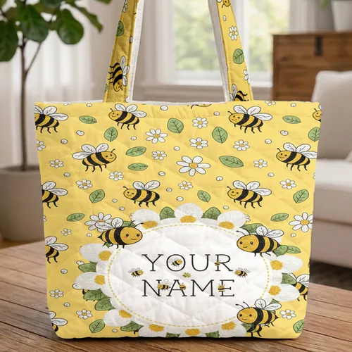 Floral White Daisy Blossoms Black Yellow Striped Bees Name Wreath - Everyday Flower Lover Gift Quilted Tote Bag