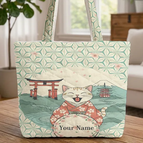 Kimono Cat Yawn Japanese Landscape Asanoha Cherry Blossom Your Name Cat Lover Gift Quilted Tote Bag