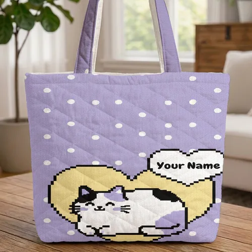 Sitting White Cat Dots Lavender Yellow Heart - Everyday Cat Lover Gift Quilted Tote Bag