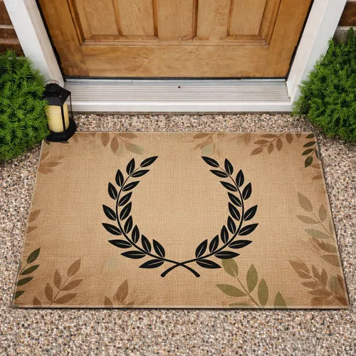 Botanical Laurel Wreath Organic Leaves Natural Fiber Warm Earthy Tones - Home Decor Gift Doormat