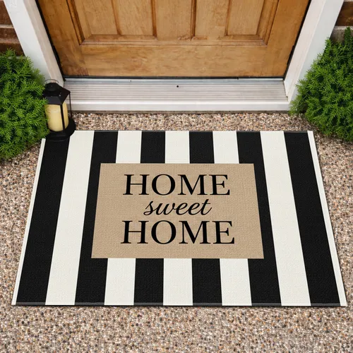 Home Sweet Home Light Brown Black White Striped - Everyday Home Decor Gift for Homeowners Doormat