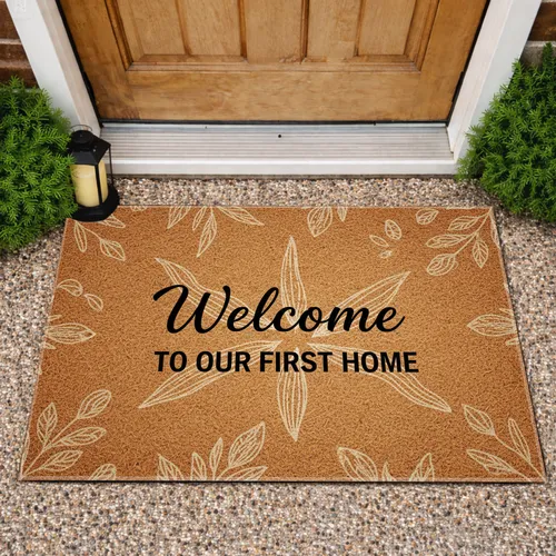 Welcome TO OUR FIRST HOME Natural Fibers Leaves Housewarming Gift Doormat