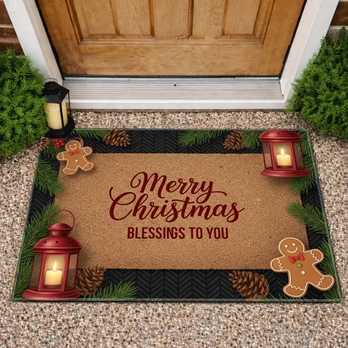 Merry Christmas Blessings Lantern Pinecone Gingerbread - Christmas Holiday Decor Doormat