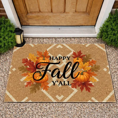 Rich Fall Colors Maple Oak Leaves Gourds - Happy Fall Y'all Autumn Yard Display Doormat