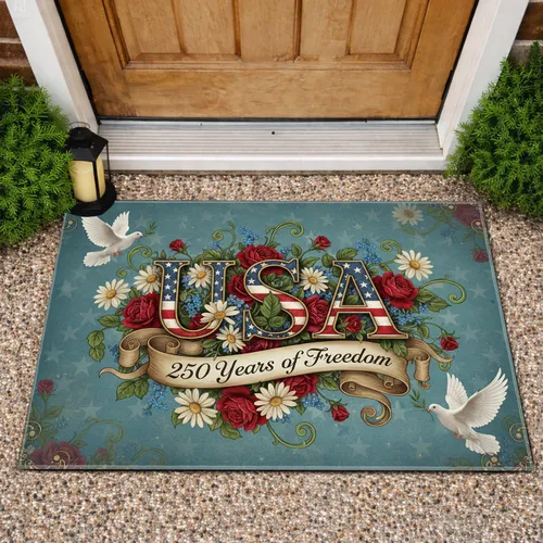 USA Patriotic Doves Roses - 250 Years of Freedom Independence Day Gift Doormat