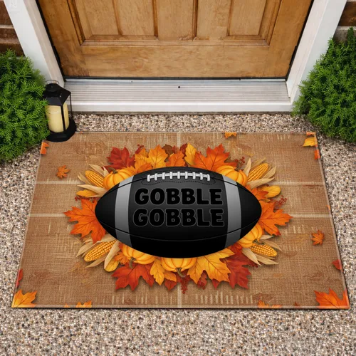 Gobble Gobble Football Fall Leaves - Thanksgiving Day Harvest Decor Doormat