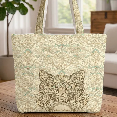 Cat Face Damask Swirl Botanical - Cat Lover Home Decor Gift Quilted Tote Bag