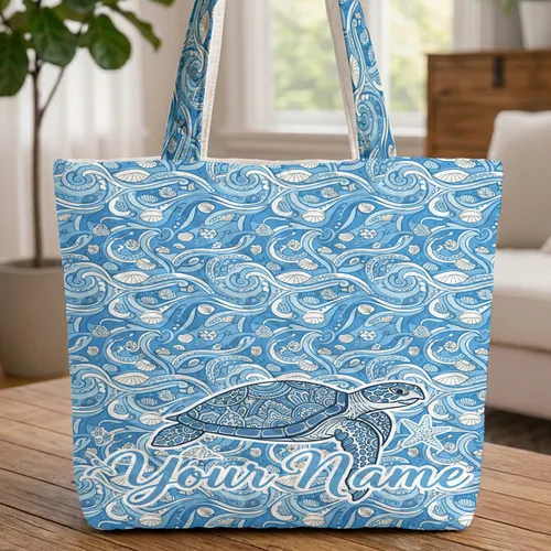 Ornate Sea Turtle Starfish Seashells Ocean Waves Sand Ripples - Coastal Ocean Lover Gift Quilted Tote Bag