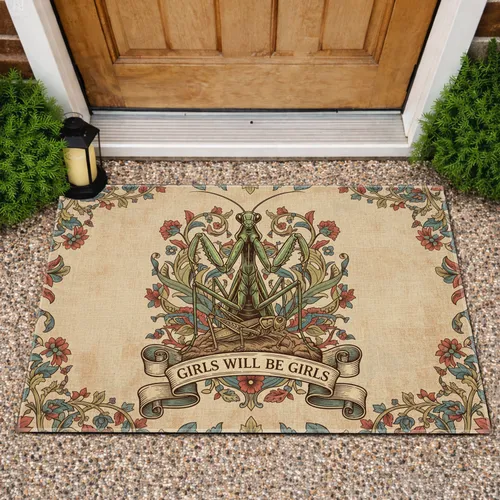 Praying Mantis Girls Will Be Girls Banner - Botanical Home Decor Gift for Her Doormat