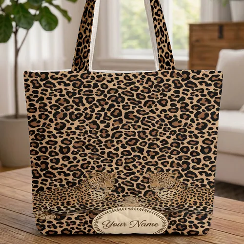 Two Leopard Cubs Leopard Spot Name Medallion Leafy Border - Wildlife Lover Gift for Leopard Lovers Quilted Tote Bag