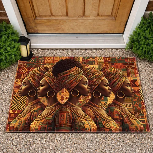 African Women Traditional Wraps Gold Earrings - Heritage Home Decor Gift Doormat