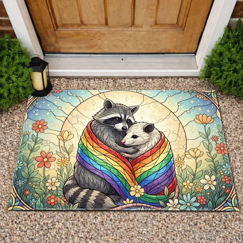 Raccoon Opossum Stained Glass Rainbow Blanket - Wildlife Lover Home Decor Gift Doormat