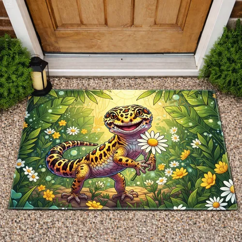 Stained Glass Leopard Gecko Daisy - Reptile Lover Tropical Garden Gift Doormat
