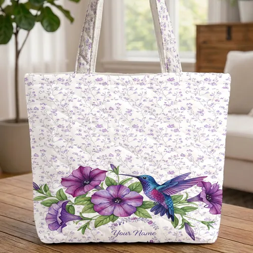 Hummingbird Petunia Vine Blossom Floral Wreath - Nature Inspired Wildlife Gift Quilted Tote Bag