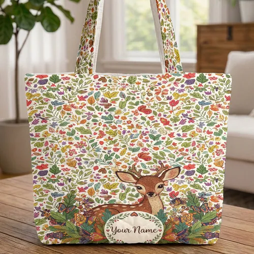 Adorable Young Deer Wildflowers Leaf Garland Butterflies - Woodland Nature Gift Quilted Tote Bag