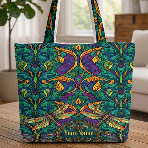 Dragonfly Leaf Swirl Circular Frame - Wildlife Nature Lover Gift Everyday Carry Quilted Tote Bag