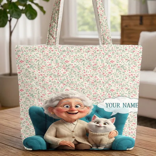 Tiny Flowers Stars Elderly Woman White Cat Tufted Armchair - Cat Lover Gift for Grandma Quilted Tote Bag
