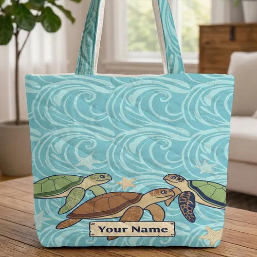 Personalized Blue Green Sea Turtles Starfish Ocean Waves - Wildlife Lover Gift Quilted Tote Bag
