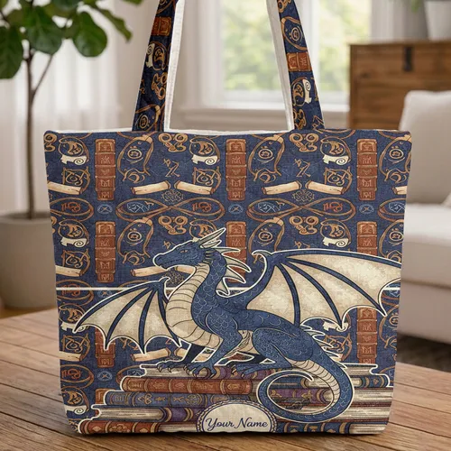 Majestic Dragon Antique Books Your Name Text - Fantasy Book Lover Gift Quilted Tote Bag