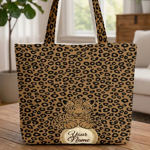 Leopard Cub Leopard Spots Compact Gold Circle Your Name - Wildlife Lover Gift for Everyday Use Quilted Tote Bag