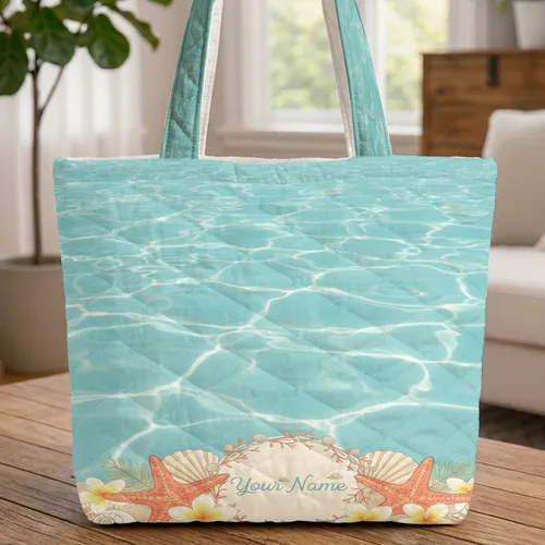 Shimmering Underwater Starfish Conch Seashells Frangipani - Coastal Living Gift Quilted Tote Bag