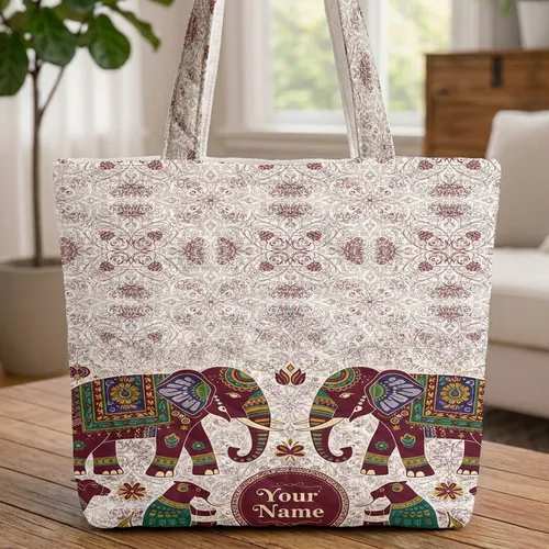 Folk Art Elephant Geometric Floral Vine Boho Lifestyle Gift Quilted Tote Bag