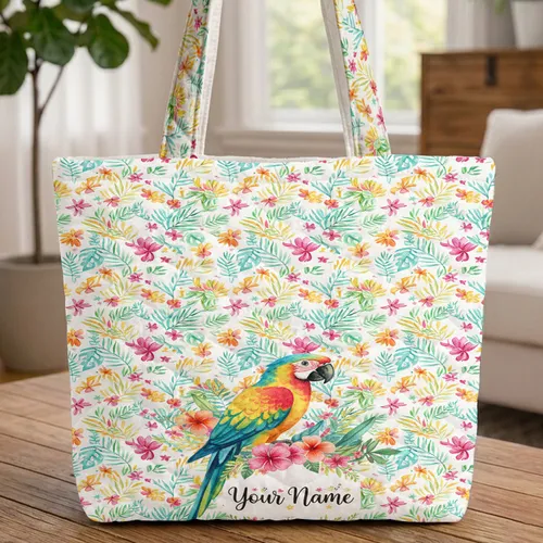 Macaw Parrot Tropical Flowers - Everyday Tote Wildlife Lover Gift for Parrot Lover Quilted Tote Bag