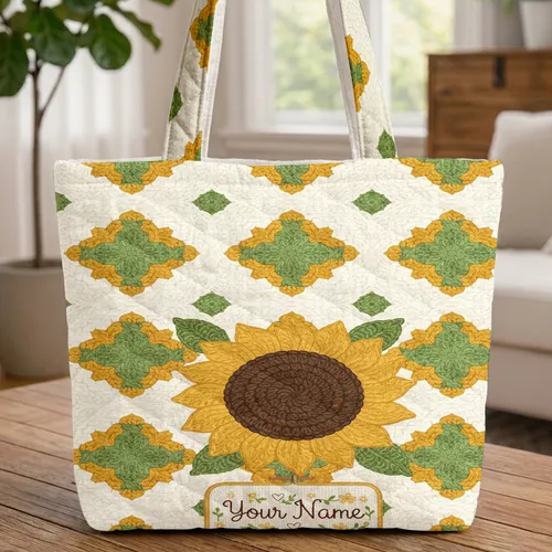 Crochet Sunflower Granny Square Personalized Name - Craft Lover Everyday Tote Quilted Tote Bag