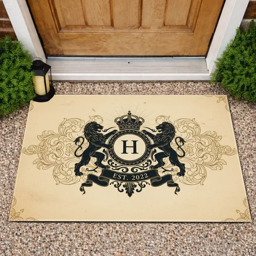 Regal Heraldic Lions Crown Shield Crest - Custom Family's Name and Year Heritage Gift Doormat