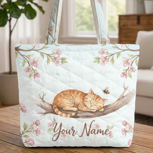 Curled Up Tabby Cat Tree Branch Apple Blossom Bumblebee - Cat Lover Garden Gift Quilted Tote Bag