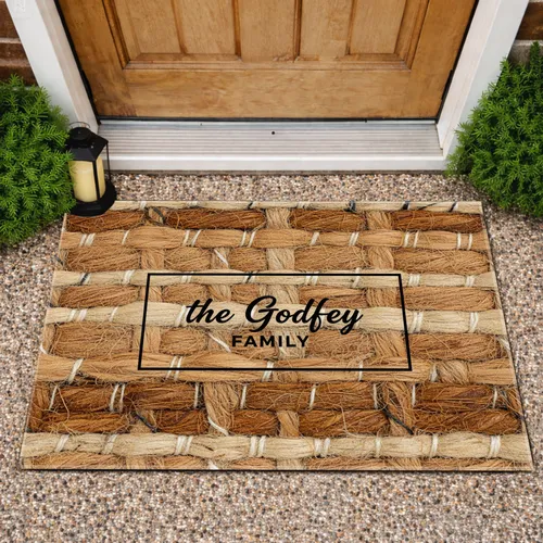 Custom Family Name Black Framed Burlap Texture Rectangular Border - Home Decor Gift Doormat