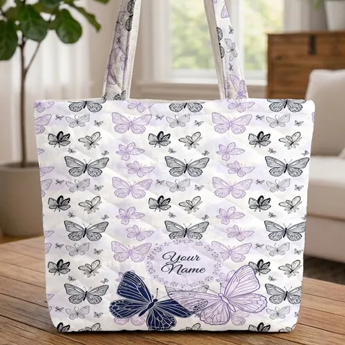 Outline Butterflies Floral Medallion Personalized - Everyday Tote Travel Gift for Her Quilted Tote Bag