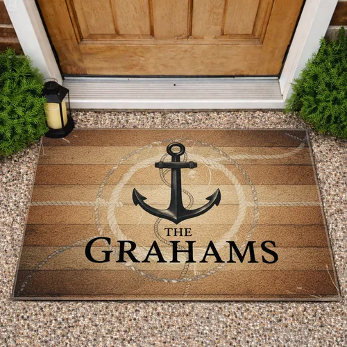 Black Anchor Symbol Nautical Rope Wood Grain Custom Family Home Decor Gift Doormat