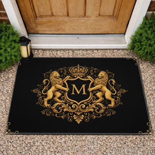 Golden Cork Rampant Lions Crown Custom Text Shield Heraldic Crest - Home Decor Gift Doormat
