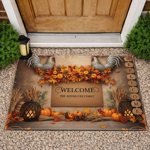 Welcome Mat Autumn Foliage Rooster - Fall Home Decor Gift Doormat