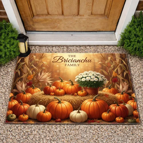 Custom Family Name Pumpkins Gourds Hay Bale Mums Corn Stalks Leaves - Autumn Harvest Decor Doormat