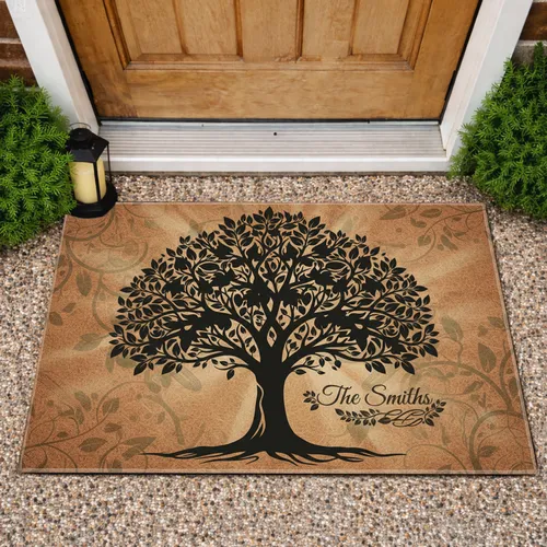 Dense Foliage Family Tree Silhouette Custom Name- New Home Housewarming Gift for Families Doormat