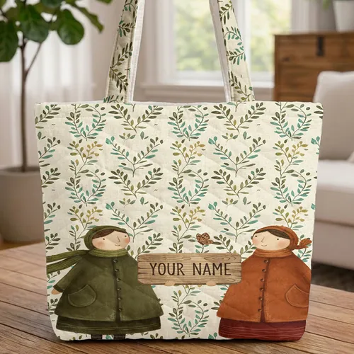 Human Figures Butterfly Twig Leaf Personalized Name Sign - Everyday Tote Gift Quilted Tote Bag