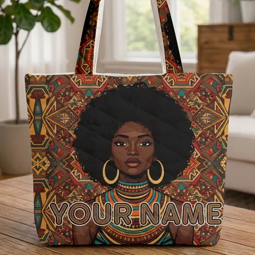 African Woman Afro Tribal Necklace - Everyday Fashion Accessory Gift for Women Quilted Tote Bag
