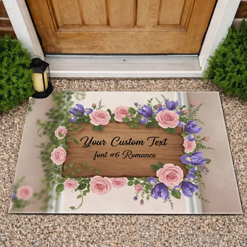 Pink Roses Purple Irises Floral Vines Rustic Panel Custom Handwritten Script - Home Decor Gift Doormat